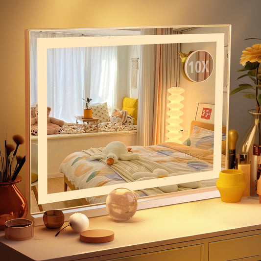 DASLAVA Hollywood Vanity Mirror with Lights 23 x 19 Large Vanity Mirror 10X Magnifying Compact Mirror 3 Colors Modes Touch Control Mirror with Lights