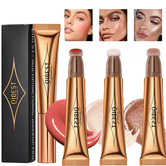 Gireatick 3pcs Liquid Beauty Wand Makeup, Matte Liquid Cheek Blusher, Liquid Contour Beauty Wand Highlighter and Bronzer Stick with Cushion Applicator, for Natural Shimmer Smooth Silky Cream Makeup