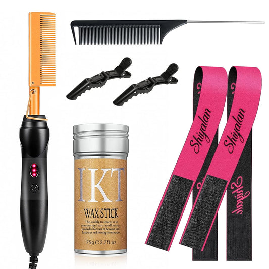 Hot Comb Set 7Pcs, Electric Hair Straightener Pressing Comb for Black Hair, Hot Comb Set with Wig Wax Stick, Lace Band, Rat Tail Comb _Salon Clips