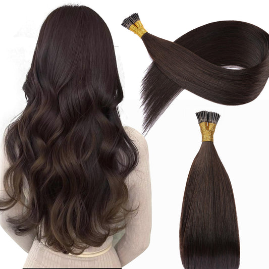 KiiKiiGirl Virgin Remy I Tip Hair Extensions - Human Hair #2 Dark Brown Real Itip Human Hair Extensions 18Inch Natural Black to Silver I Tips Human Hair Extensions Invisible 50G/Pack