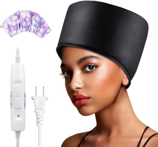 Heated Electric Thermal Steamer Cap for Natural Black Afro Hair - Hot Spa Treatment Hat with Temperature Control for Deep Conditioning at Home - Black