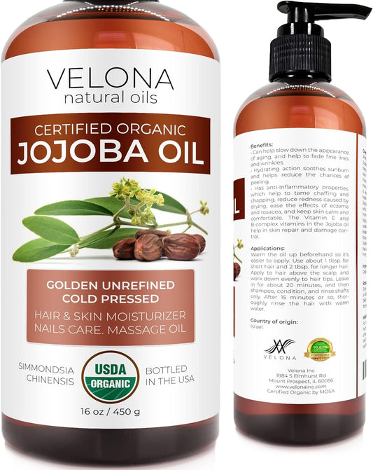 velona Jojoba Oil USDA Certified Organic - 16 oz (With Pump) | 100% Pure and Natural | Golden, Unrefined, Cold Pressed, Hexane Free