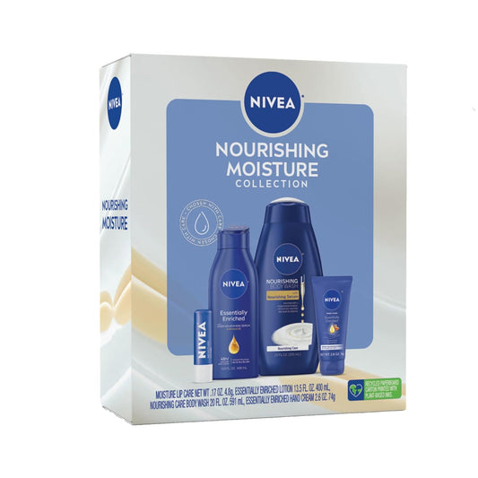 NIVEA Skin Care Set For Her, Nourishing Body Wash, Moisturizing Body Lotion, Lip Balm Stick with Shea Butter, & Multi Purpose Face, Body & Foot Cream, 4 Piece Gift Set