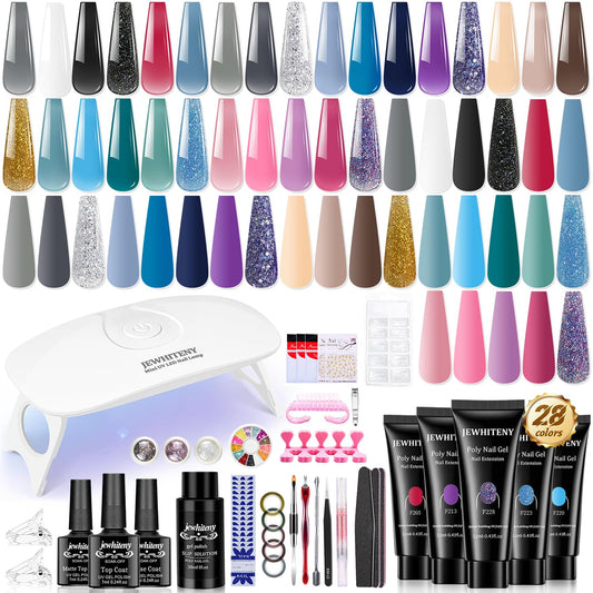 JEWHITENY 28 Colors Poly Gel Nail Kit Nude Gray Black grey Blue yellow purple Glitter All In One Starter Kit Poly Extension Gel Nail Kit With Nail Lamp Base Top Coat Builder Gel Nail Kit