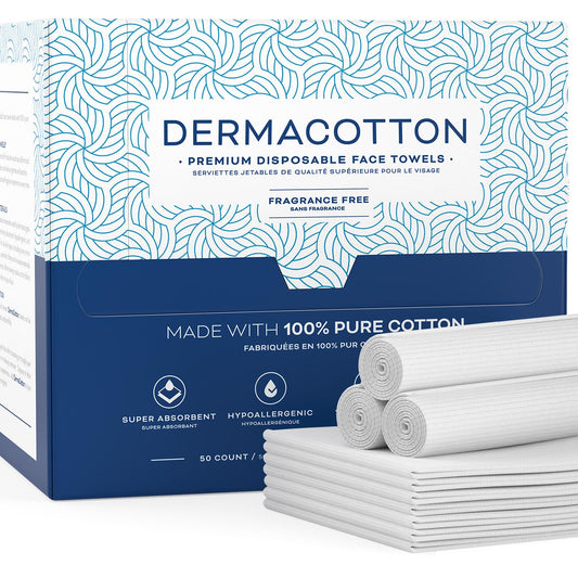 Dermacotton Disposable Cotton Face Towels Ð Super Soft Face Wipes, Hypoallergenic Makeup Remover Wipes, Suitable for All Skin Types Including Sensitive Skin Ð Biodegradable Facial Cloths (50 Pack)