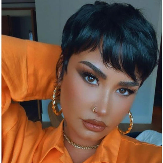 MUJGOO Short Human Hair Wigs for Black Women Wigs Human Hair Pixie Cut Natual Black Short Wigs for Boy Pixie Cut Hair Wigs with Bangs Pixie Wigs Human Hair Natual Black Colour