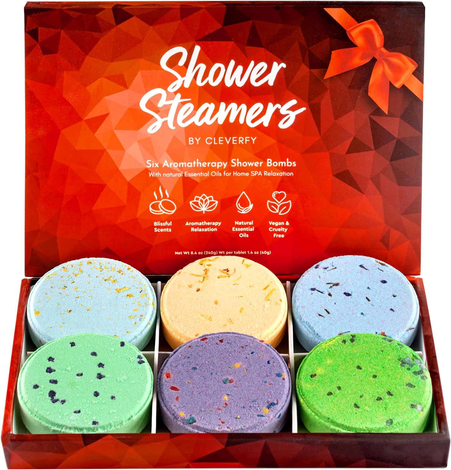 Cleverfy Shower Steamers Aromatherapy - Variety Gift Box of 6 Shower Bombs with Essential Oils. Self Care Birthday Gifts for Women and Valentines Day Gifts for Her and Him. Red Set