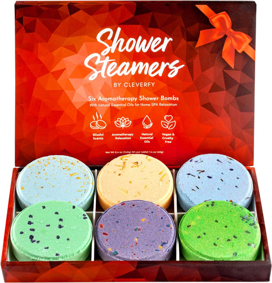 Cleverfy Shower Steamers Aromatherapy - Variety Gift Box of 6 Shower Bombs with Essential Oils. Self Care Birthday Gifts for Women and Valentines Day Gifts for Her and Him. Red Set