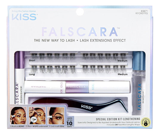 KISS Falscara False Eyelash Special Edition Starter Kit with Overnighter, Bond & Seal, Applicator, Remover, & 24 Lengthening Lash Wisps