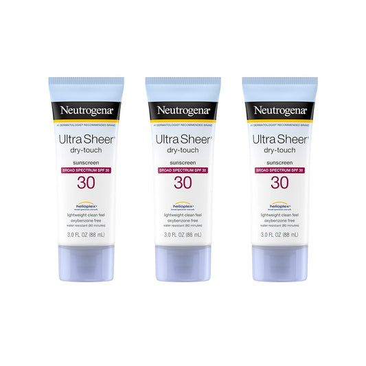 Neutrogena Ultra Sheer Dry-Touch Sunscreen Lotion, Broad Spectrum SPF 30 UVA/UVB Protection, Oxybenzone-Free, Water Resistant, Non-Comedogenic, Non-Greasy, Travel Size, 3 Fl Oz, Pack of 3