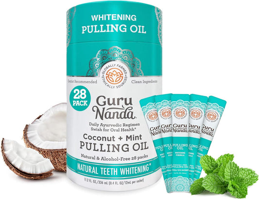 GuruNanda Travel Sachets - 28 Coconut Oil Sachets with 7 Essential Oils for Oral Care - Supports Bone & Gum Health, Fresh Breath & Teeth Whitening