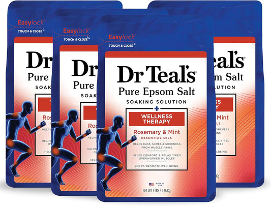 Dr Teal's Pure Epsom Salt Soak, Wellness Therapy with Rosemary & Mint, 3 lbs (Pack of 4) (Packaging May Vary)
