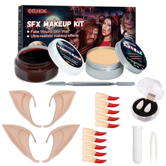 Halloween SFX Scar Wax Makeup Kit, Halloween Face Body Painting Set with Fake Blood, Makeup Wax, Spatula Tool, Dentures, 2 pairs Elf Ears and Fake Witch Nails for Cosplay Halloween Party Stage