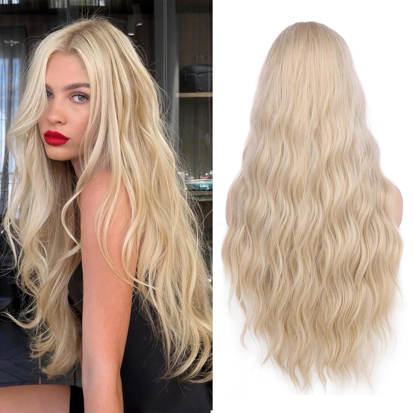 Lady Miranda Long Platinum Blonde Wig 28 Inch Natural Wavy Blonde Wig Middle Part Blonde Lace Wig Synthetic Hair Blonde Wigs for White Women