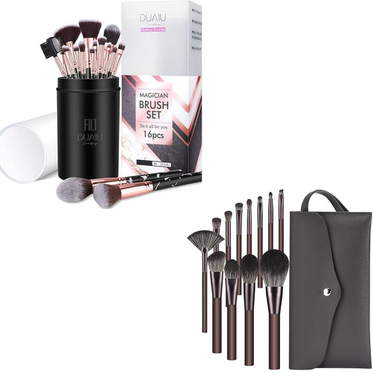 DUAIU 16Pcs Makeup Brush Set with 12Pcs Coffee Brushes Set, Premium Synthetic Foundation Powder Eyeshadow Brush Set with Holder