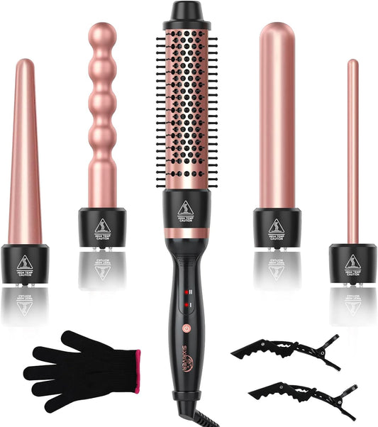 Curling Iron Wand Set, Sixriver 5 in 1 Hair Crimper with Curling Brush&4 Interchangeable Ceramic Curling Wand(0.4Ó-1.25Ó), Fast Heating Hair Wand Curler,1H Auto Shut-Off,Heat Protective Glove&2 Clips