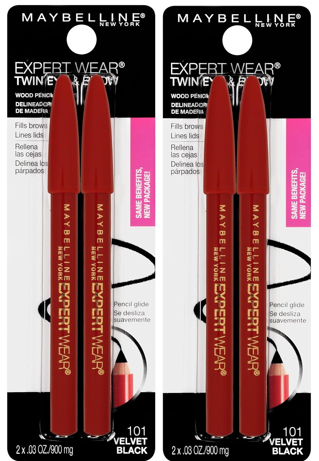 Maybelline New York Expert Wear Twin Brow &amp; Eye Pencils Makeup, Velvet Black, 2 Count Twin (total 4 pencils ), 2 Count (Pack of 2)
