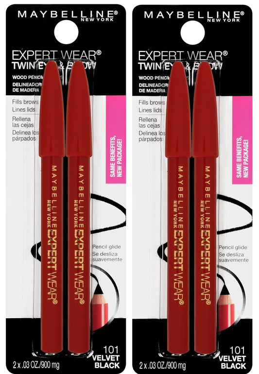 Maybelline New York Expert Wear Twin Brow &amp; Eye Pencils Makeup, Velvet Black, 2 Count Twin (total 4 pencils ), 2 Count (Pack of 2)