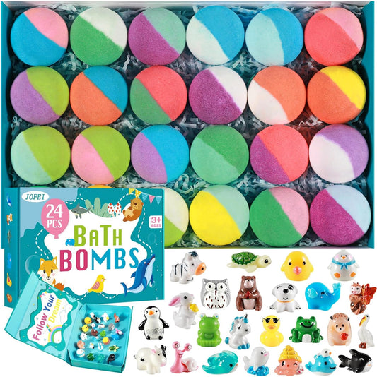 JOFEI Bath Bombs for Kids with Surprise Inside, 24 Pack Kids Bath Bombs Gift Set, Natural Organic Bubble Bath Fizzy with Bath Toys, Valentines Day Gifts for Kids Boys Girls