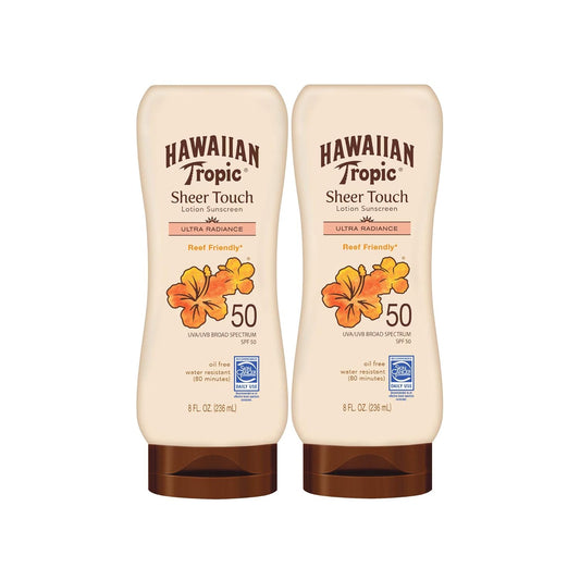 Hawaiian Tropic Sheer Touch Lotion Sunscreen SPF 50, 8oz | Hawaiian Tropic Sunscreen SPF 50, Sunblock, Oxybenzone Free Sunscreen, Body Sunscreen Pack SPF 50, 8oz each Twin Pack