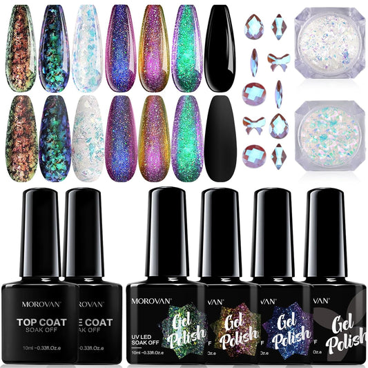 Morovan Gel Nail Polish Kit: 4-Color Chameleon Nail Polish Set with Base & Top Coat - Blue, Green, Orange & Black