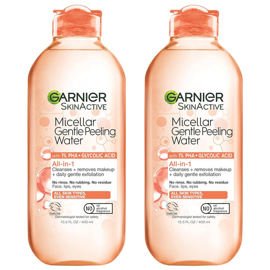 Garnier SkinActive Micellar Gentle Peeling Water with 1% PHA and Glycolic Acid, Facial Cleanser and Makeup Remover, 2 Pack