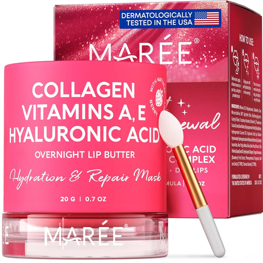 MAREE Lip Mask - Overnight Collagen Lip Scrub with Hyaluronic Acid & Coconut Oil to Nourish & Hydrate Dry Cracked Lips - Moisturizer for Care & Treatment with Shea & Cocoa Butters - Sleeping Lip Balm
