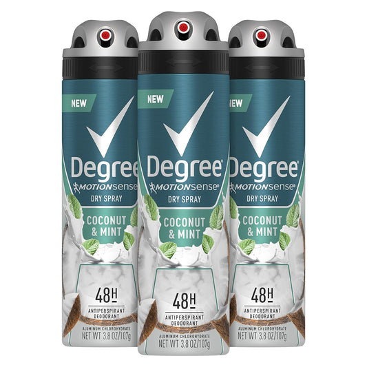 Degree Men Antiperspirant Deodorant Dry Spray Coconut & Mint 3 count 72hr Sweat and Odor Protection Degree for Men 3.8 oz