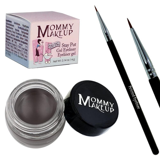 Mommy Makeup [Bundle - Save 20%] Waterproof Stay Put Gel Eyeliner in Chocolate Kiss + Pointed Eyeliner Brush