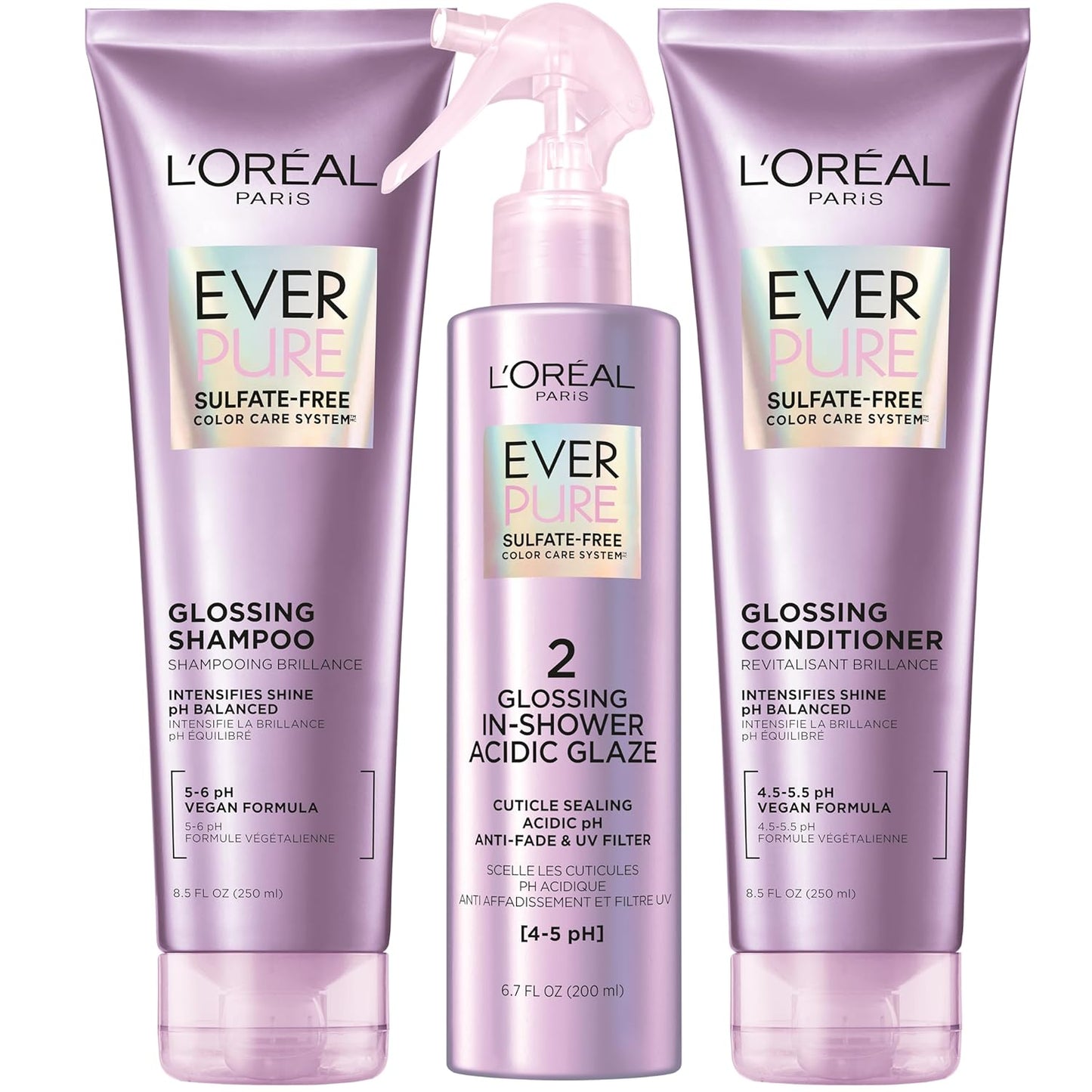 L'Oreal Paris, Glossing System, Intensifies Shine & Softness on Dull Hair with Argan Oil, Split End Repair in 24 HRS, Sulfate Free & Vegan Shampoo, Conditioner, and Treatment, EverPure (1 kit)