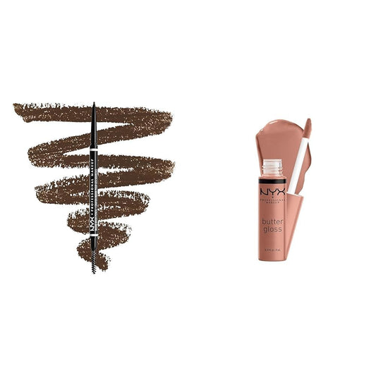 NYX PROFESSIONAL MAKEUP Micro Brow Pencil, Eyebrow Pencil - Brunette & Butter Gloss, Non-Sticky Lip Gloss - Madeleine (Mid-Tone Nude)