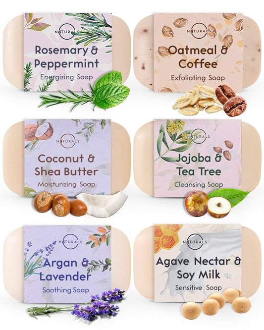 O Naturals 100% Natural Bar Soap - Assorted 6 PCS Soap Gift Set - Organic Ingredients & Essential Oils - Spa Gifts for Women & Men, Body Wash Soap Bar & Face Soap - Natural Soap - Mother's Day Gifts